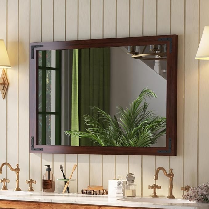VocalStar Rustic Wood Framed Mirror 28 x 40 Inch, Natural Dark Brown Wooden by VOCALSTAR