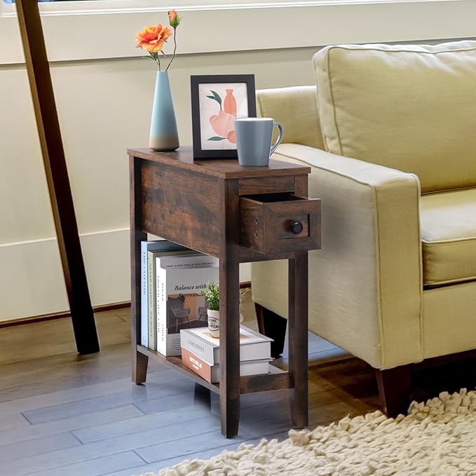 Brown Chairside Narrow End Table, Solid Wood Recliner Side Table by LUSUOWLZ