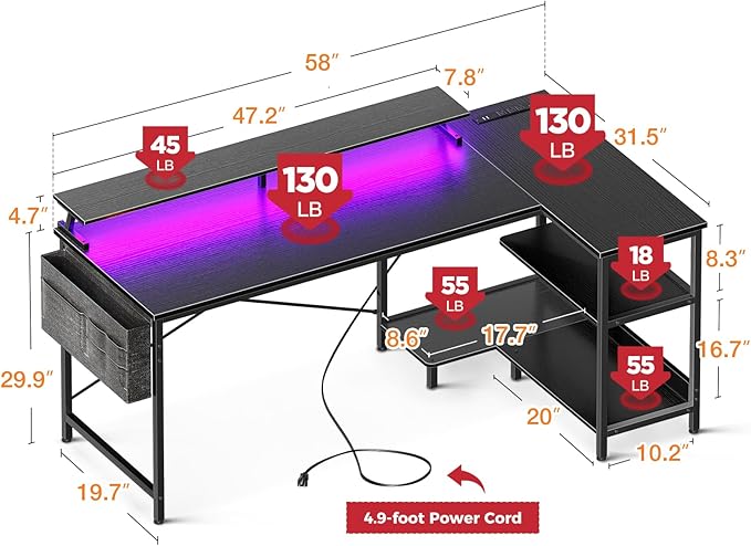 ODK 58 Inch Gaming Desk with USB Charging Ports and LED Lights, Reversible L - Image 3