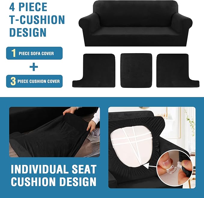 H.VERSAILTEX Sofa Cover 4 Piece T Cushion Sofa Slipcovers Velvet Couch Cover - Image 4