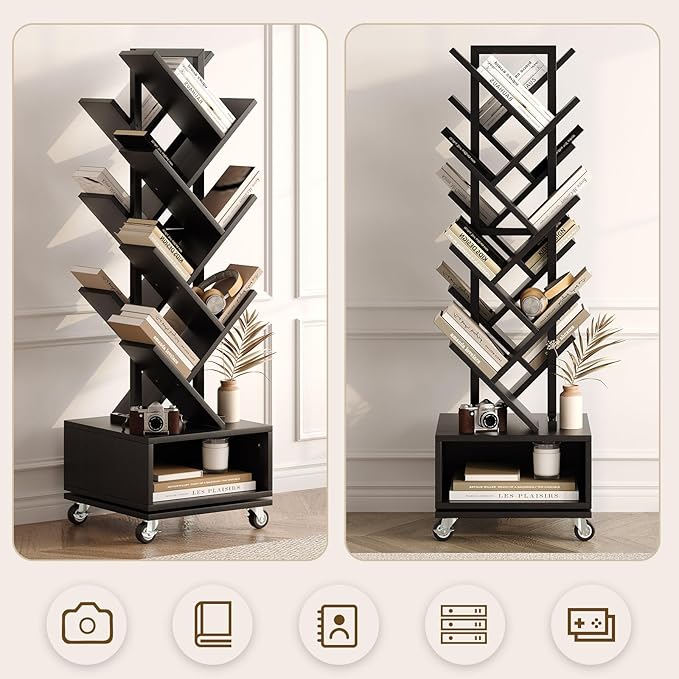 7 Tier Double Sided Rotating Tree Book Shelf, Floor Standing Wood Bookshelf - Image 6