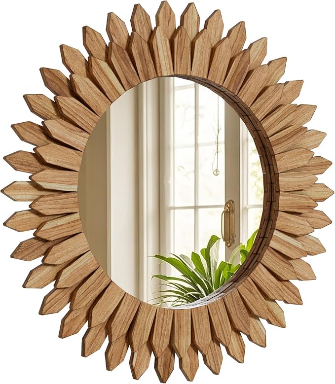 24 Inch Brown Boho Wall Decor Sunburst Mirror by Unknown