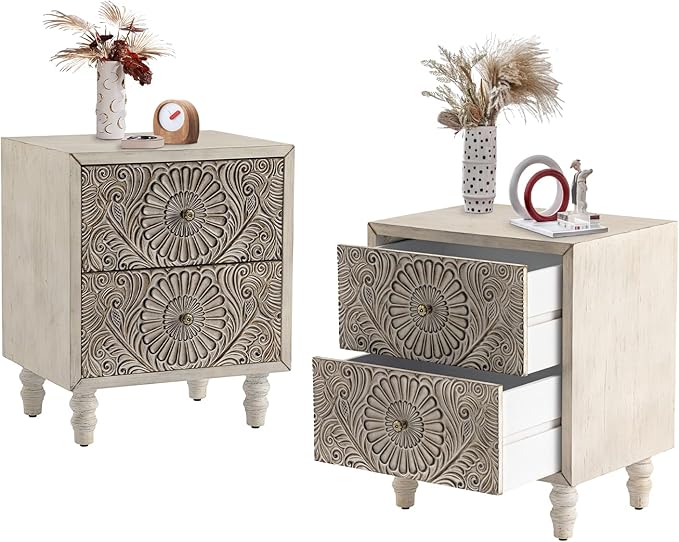 COSIEST 2 Pieces Nightstand, Vintage Style Wood Bedside Table, Bedroom by COSIEST