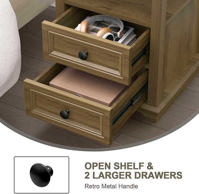 End Table with Fast USB C Charging Station, Large Storage Rustic Wood Square - Image 5