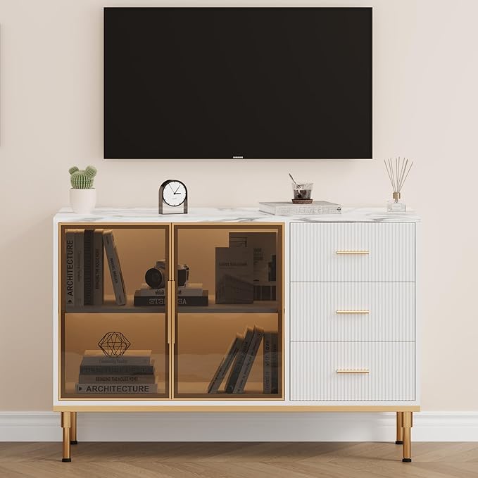 Buffet Sideboard Cabinet with Storage, 46.4" Large Fluted Kitchen Sideboard - Image 5