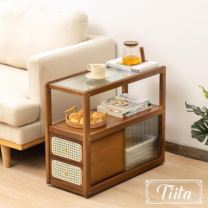 Tiita Rattan Nightstand Side Table, Bamboo Accent Bedside Tables, Glass Coffee - Image 5