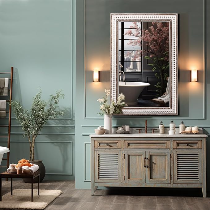 35x23'' Boho Wooden Rectangle Wall Mirror, Rustic Farmhouse Rectangular Mirrors - Image 2