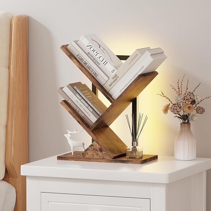 Tree Bookshelf with LED Lights, 3 Tier Floor Standing Bookcase, Classical by Qupui