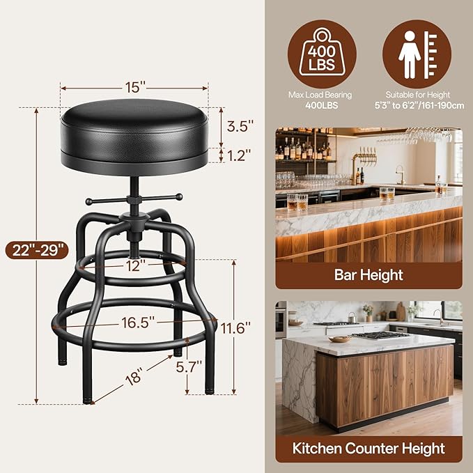 Adjustable Height Swivel Bar Stools Set of 3, 22-29 Inch Industrial Vintage Bar - Image 2