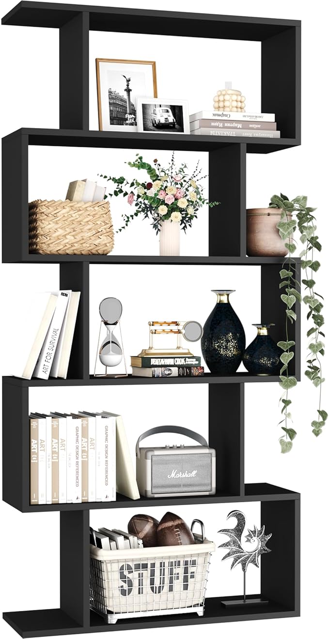 Yusong Bookshelf 5-Tier, Geometric Bookcase S Shaped Book Shelves by Yusong