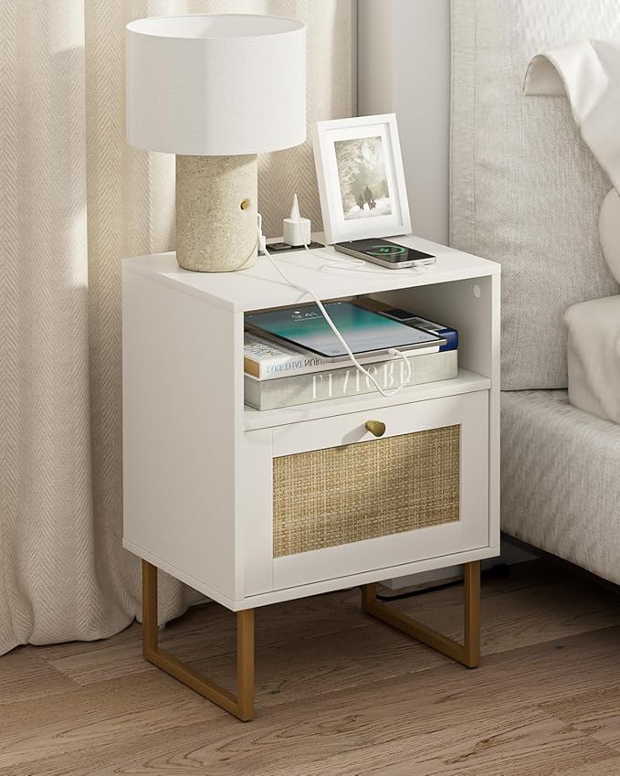 Masupu Rattan Nightstand with Charging Station, Modern Boho Farmhouse Wood by Masupu