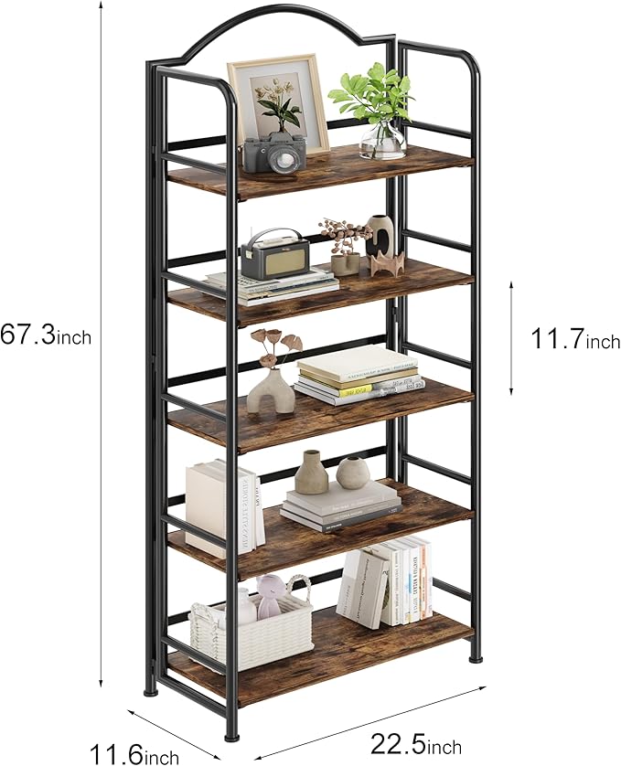 No-Assembly Folding Bookshelf Storage Shelves 5 Tiers Vintage Multifunctional - Image 3