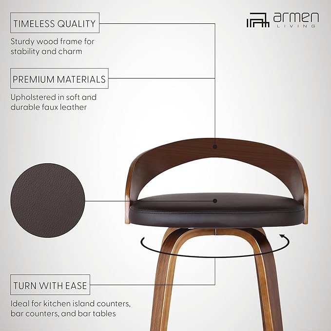Armen Living Sonia 26" Counter Height Swivel Brown Faux Leather and Walnut Wood - Image 9