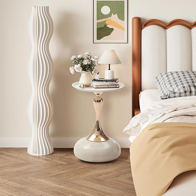 White Pedestal Side Table for Small Spaces, Metal Round Unique End Tables - Image 4