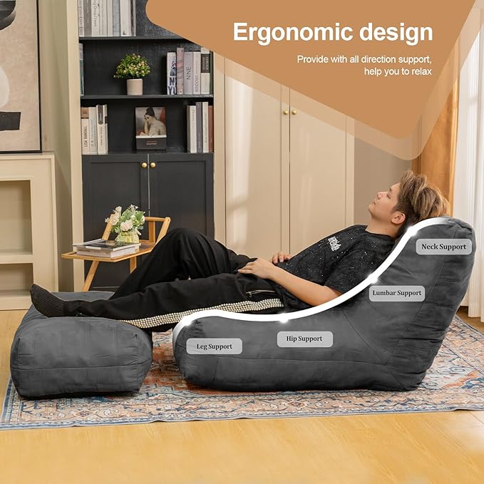 Bean Bag Chair with Ottoman, Comfy Bean Bag Sofa with Memory Foam, Lazy BeanBag - Image 5