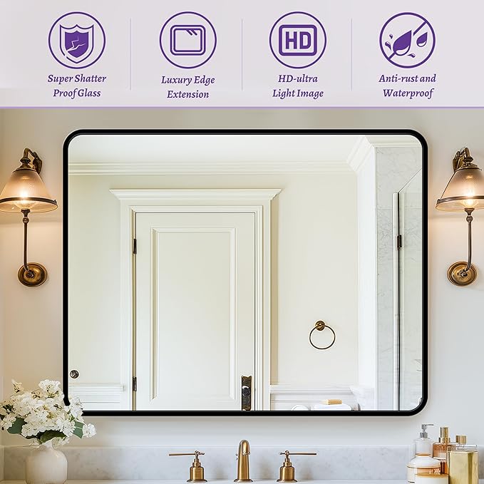 Bathroom Mirror, Rectangular Aluminum Alloy Frame Contemporary Hanging Mirror - Image 4