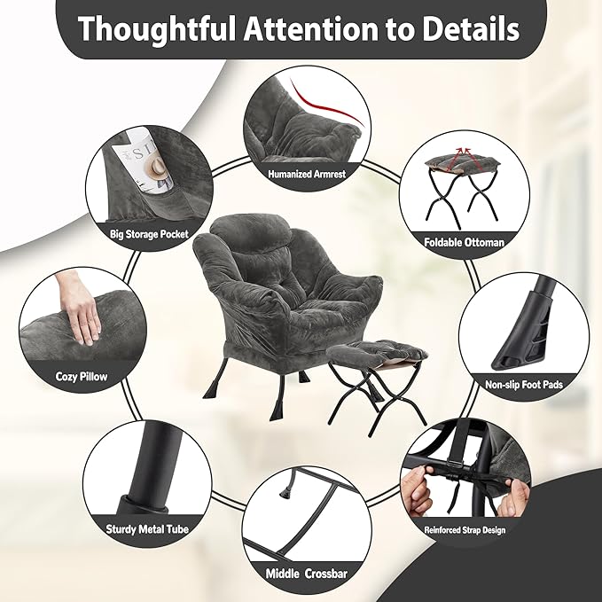 Lazy Chair with Folding Ottoman, Accent Chair Plush Upholstered with Metal - Image 6