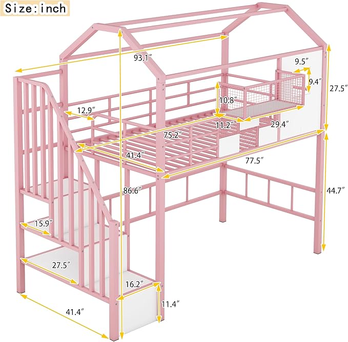 Twin Size Metal Loft Bed with roof Design and a Storage Box, House Shaped - Image 2