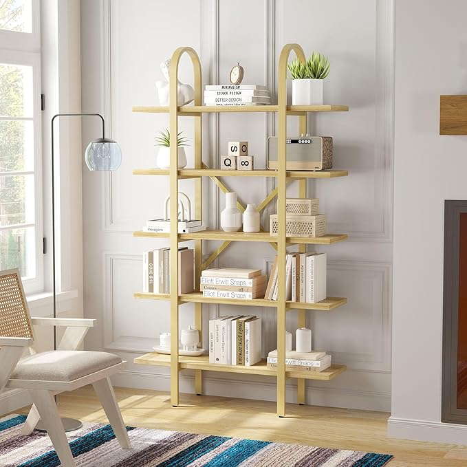 Wide Bookshelf Arched Bookcase, Industrial 5 Tier 72" Tall Freestanding Heavy by Kogven