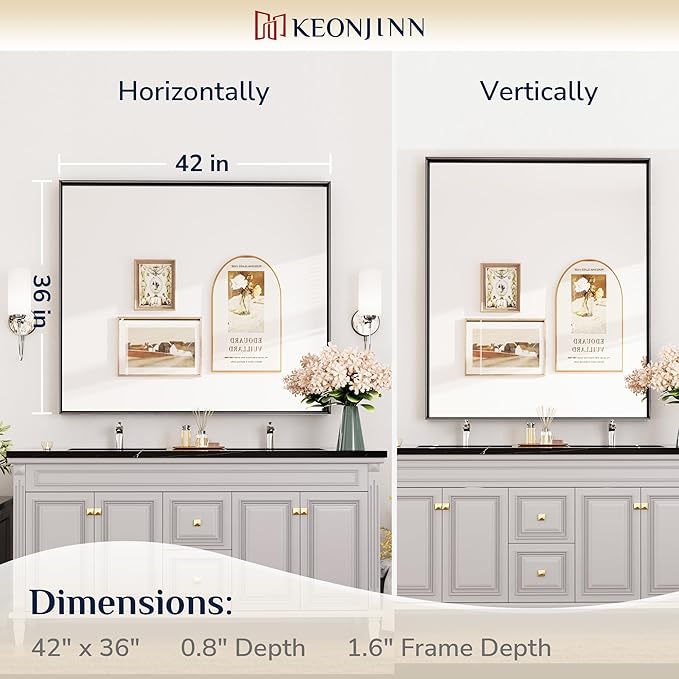 Keonjinn Black Framed Mirror 42 x 36 Inch Bathroom Vanity Mirror - Image 7