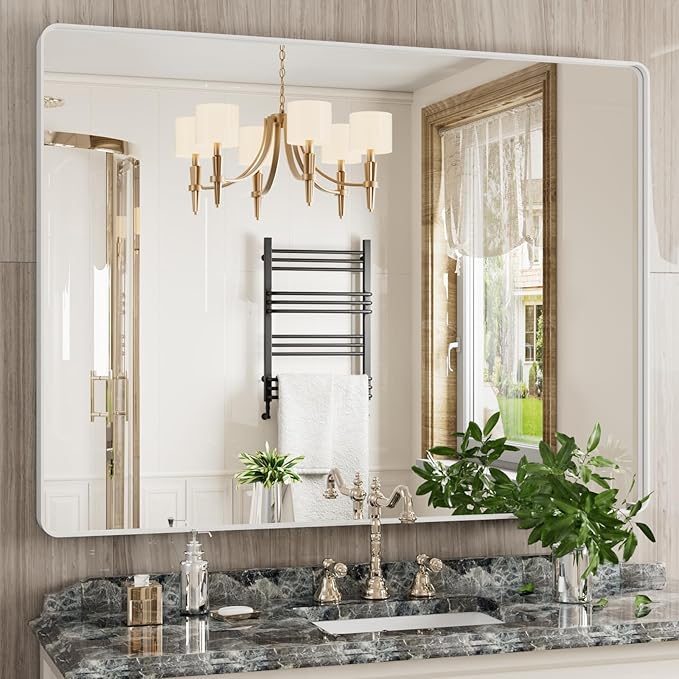 White Bathroom Mirror 48x36 Inch, Rounded Rectangle Matte Bathroom Vanity Mirror by JISOSO