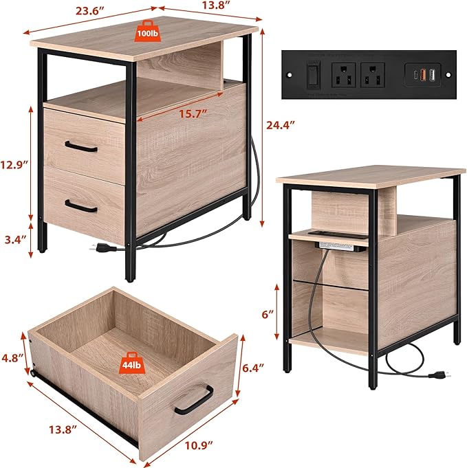 Side Tables with Charging Station, Narrow End Table with 2 Wooden Drawers - Image 3