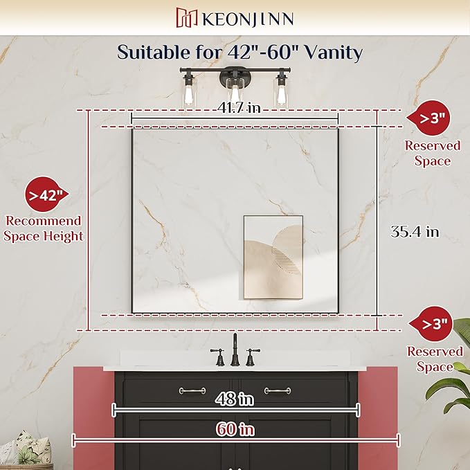 Keonjinn 42 x 36 Inch Brushed Bronze Bathroom Mirror, Rectangle Framed Vanity - Image 5