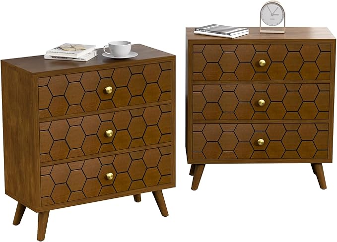 COSIEST Modern End Table w 3 Storage Drawers, Night Stand w Honeycomb Pattern by COSIEST