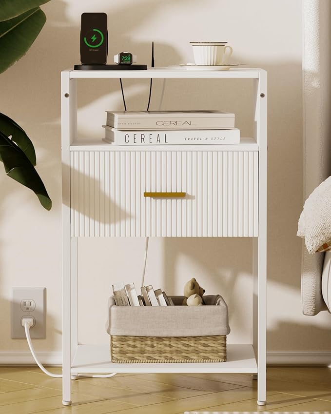 White Nightstand with Charging Station, Fluted Side Table with Drawer, Modern by Unknown