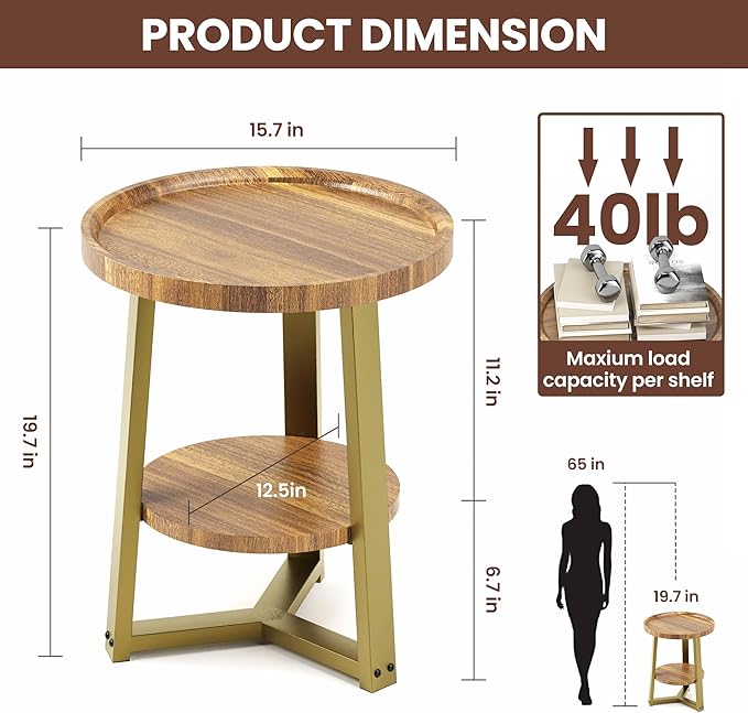 PPAMAPIC Round End Table, 2 Tier Side Table - Image 2