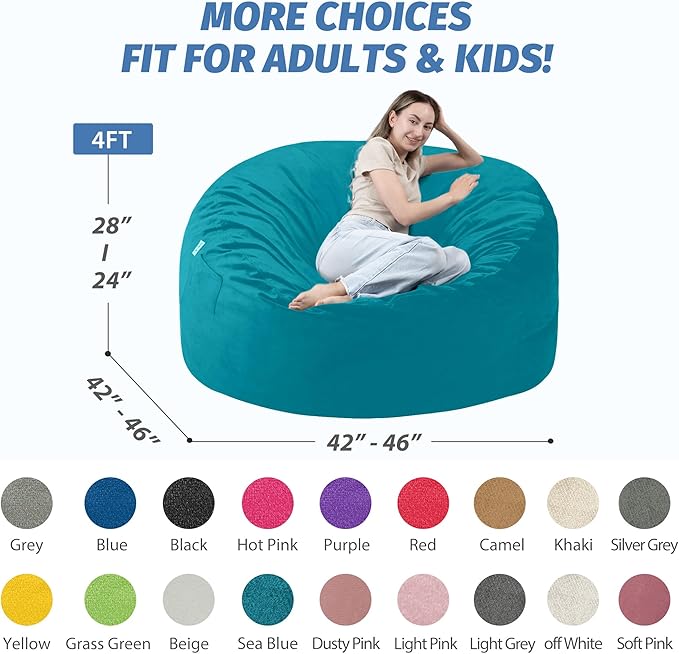 4FT Bean Bag Chair with Ultra Soft Velvet Cover Bean Bag Sofa with Memory Foam - Image 2