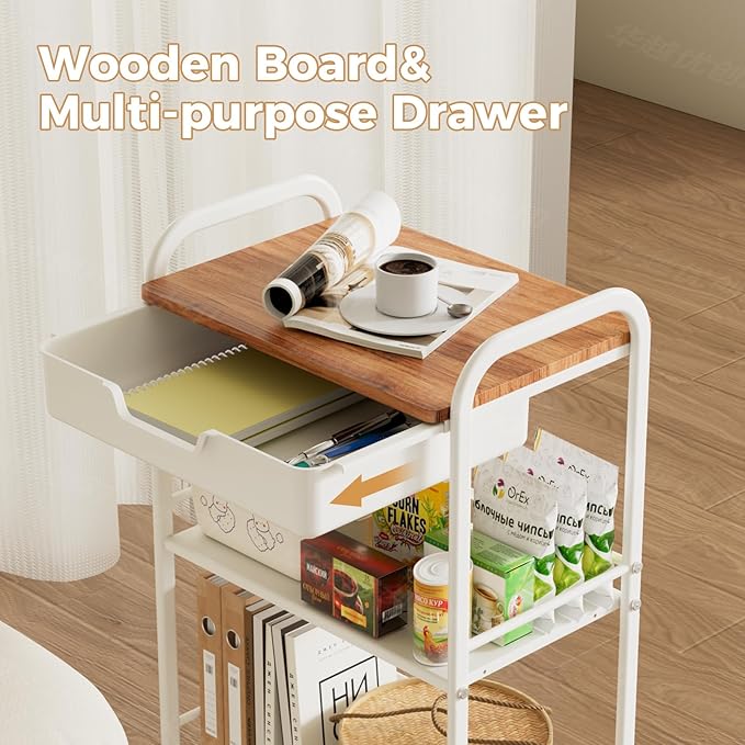 3 Tier Rolling Cart with Drawer, Metal Rolling Storage Cart with Table Top - Image 2