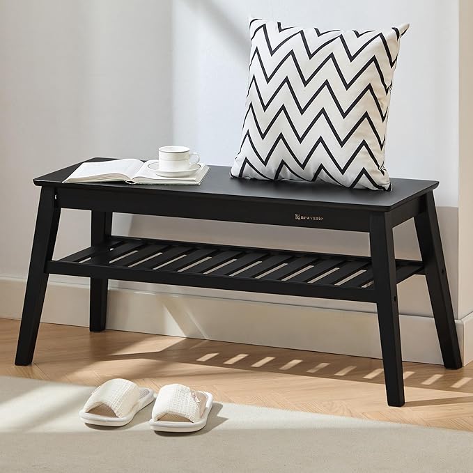 Nnewvante Bamboo Entryway Bench, 33.46" End of Bed Bench, 2 Tier Black Bench by Nnewvante