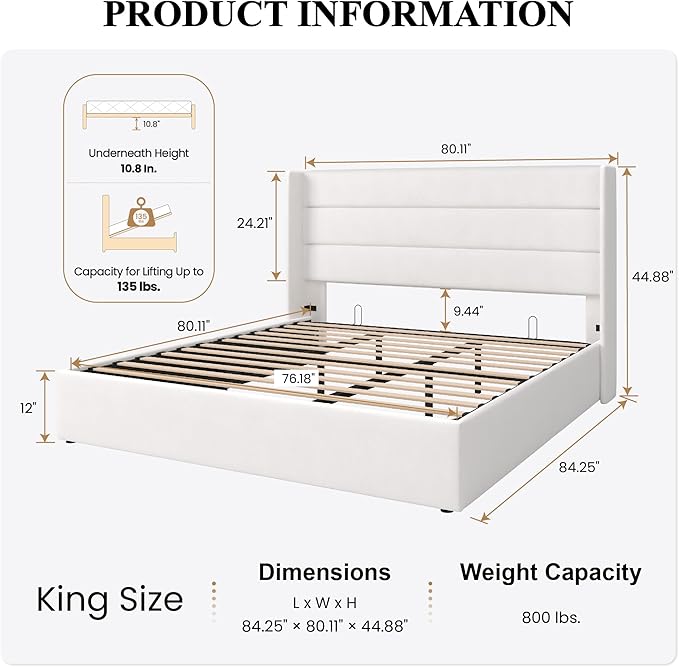 SHA CERLIN King Size Lift Up Storage Bed/Velvet Upholstered/Modern Wingback - Image 2