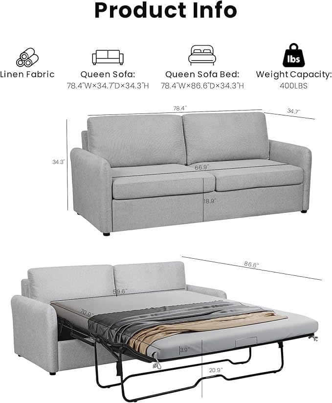 Queen Size Pull Out Sofa Bed, 2 in 1 Convertible Sleeper Sofa Couch - Image 3