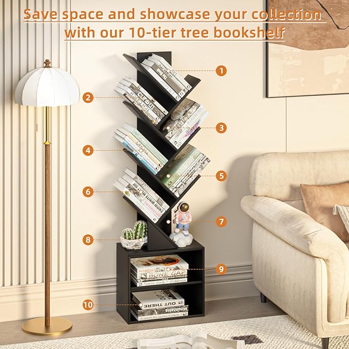 10 Tier Tree Bookshelf, Floor Standing Wood Tall Bookcase - Image 5