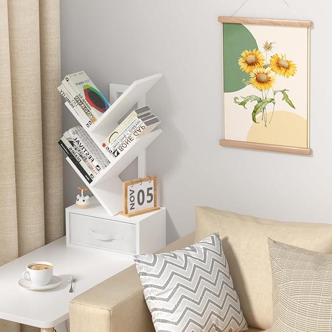 Small Bookshelf with Drawer, 4 Tier Tree Book Shelf, Wood Desk Bookshelves - Image 4