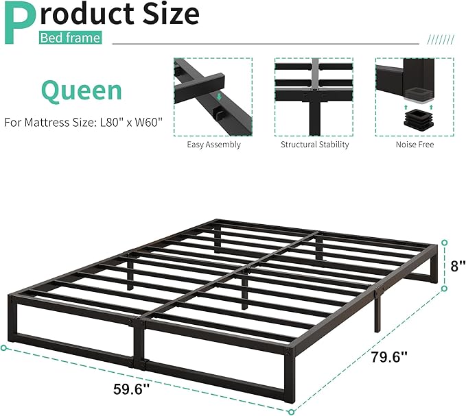 8 Inch Queen Bed Frame Heavy Duty Steel Slat Support Metal Queen Size Platform - Image 2