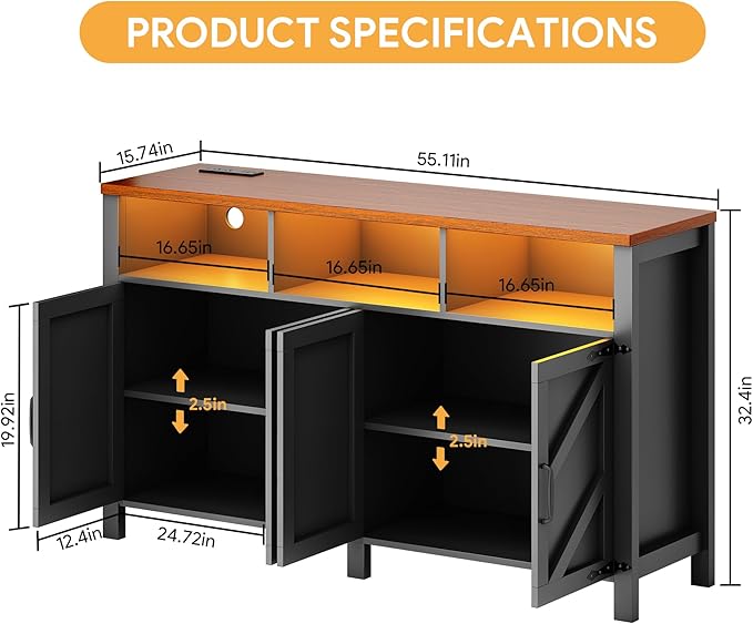 Buffet Sideboard with Storage with Power Outlets & LED Light 4 Doors, Dining - Image 2