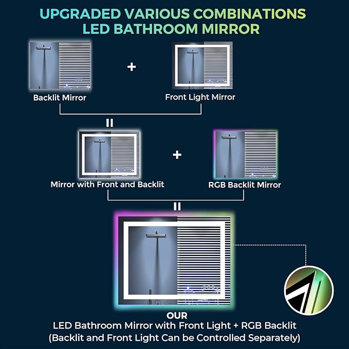 36x30 Inch RGB LED Bathroom Mirror Front Light and RGB Backlit Lighted Vanity - Image 8