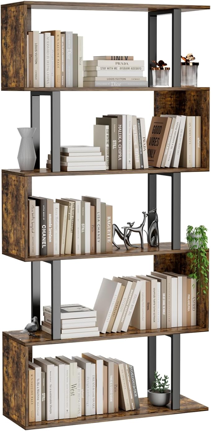 Gadroad 5-Tier Geometric Bookcase, S Shaped Bookshelf, Wood Decorative Storage by Gadroad