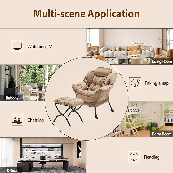 Lazy Chair with Folding Ottoman, Accent Chair Velvet Upholstered with Metal - Image 8