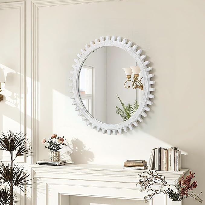 ULIKE Round Wood Mirror, 24 Inch Rustic Farmhouse Circle Mirror - Image 3