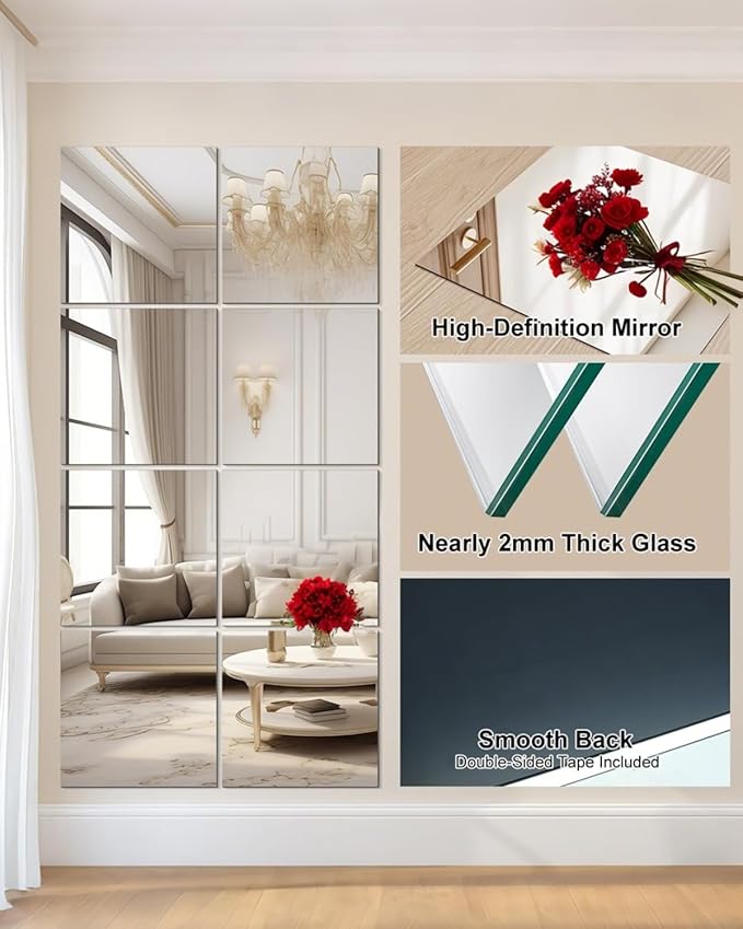 Glass Mirror Tiles for Wall 12" x 12" Frameless Full Length Mirror Wall Mounted - Image 3