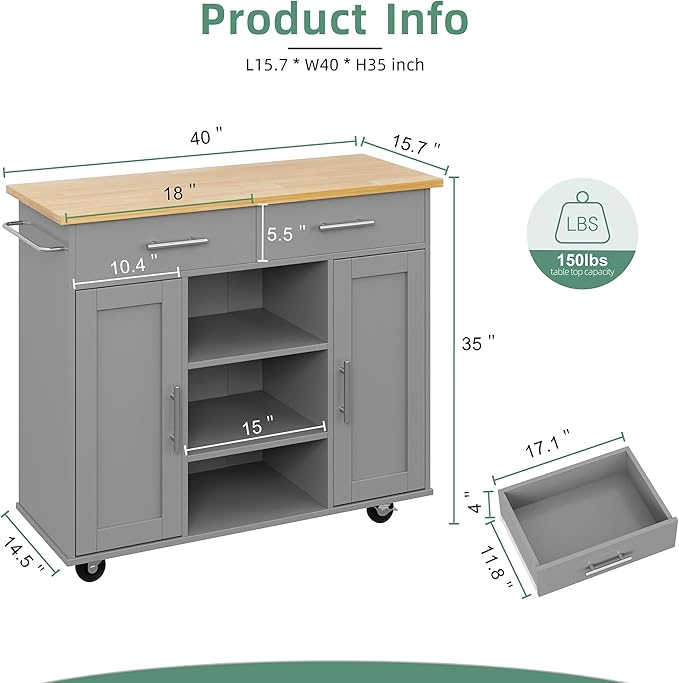 Shintenchi Kitchen Island with Storage, Kitchen Island Cart on Wheels with 3 - Image 3