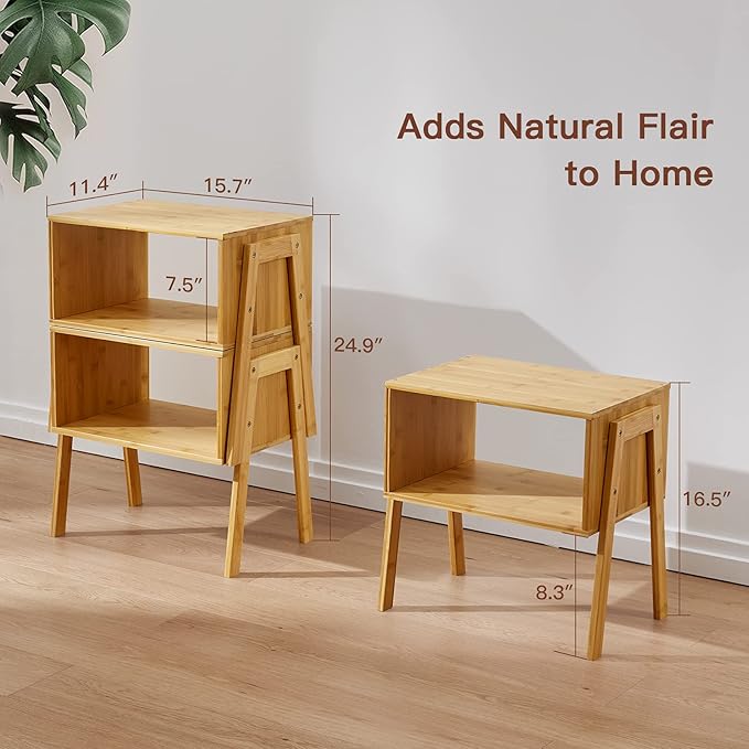 Pipishell Bamboo Stackable End Tables, Wood Living Room Nightstand, Bedside - Image 3