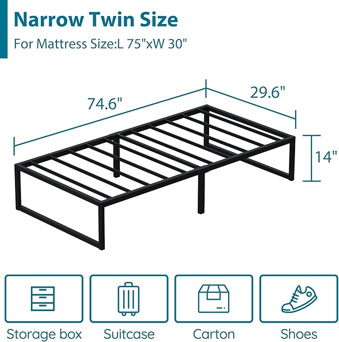 EMODA 14 Inch Narrow Twin Bed Frame 30x75, Heavy Duty Metal Platform No Box - Image 2