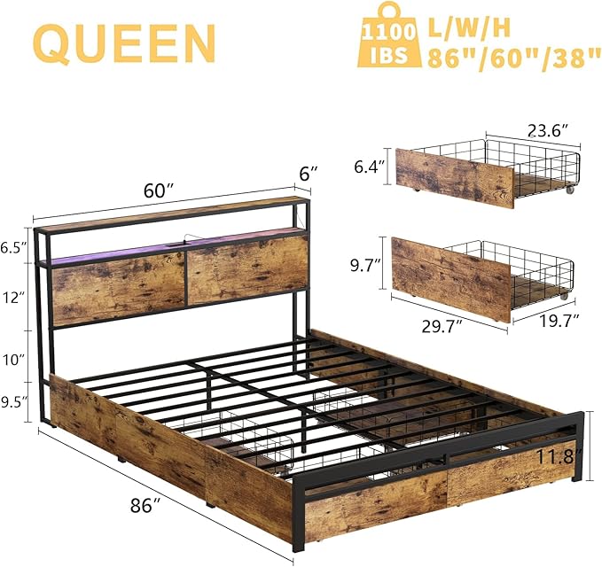Queen Bed Frame with Storage Headboard and 4 Drawers LED Lights Metal Platform - Image 2