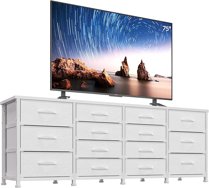 63 Inch TV Stand Dresser for Bedroom, Long White Dresser by DRAWERHOM