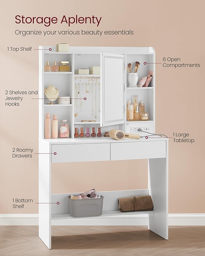 VASAGLE Vanity Desk with Power Outlets, Makeup Vanity with Mirror and Lights - Image 5